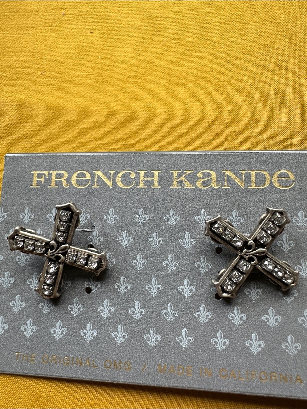 French Kande Silver Crystal Cross Earrings